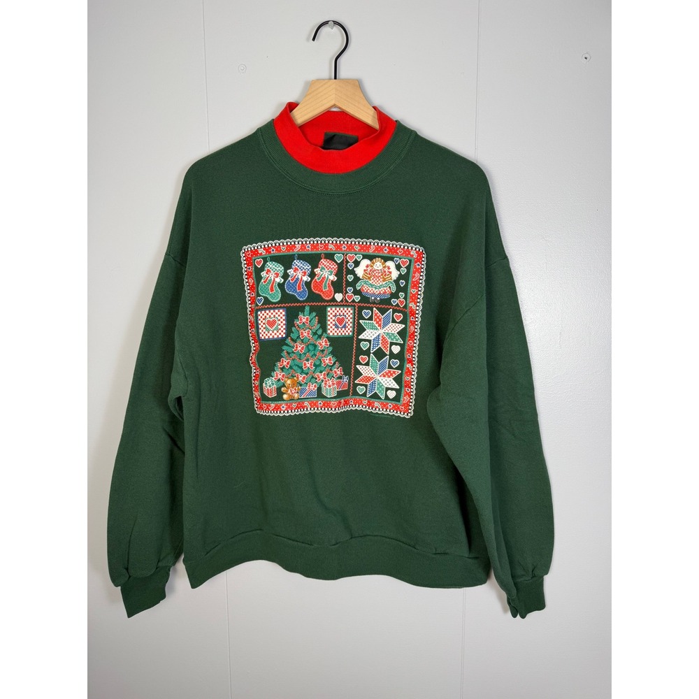 Vintage Jerzees Christmas Sweatshirt Women XL Green Mock Neck 90s Grandma Core